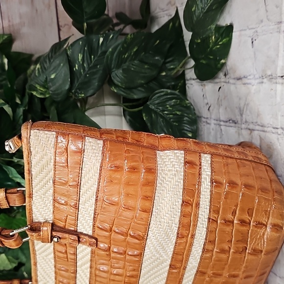 Brahmin Mini Asher Whiskey Stripe Raffia Tan and Cream Leather Tote Bag - Picture 5 of 14